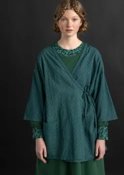 Gudrun Sjödén Blusen>Kimono aus Bio-Baumwolldobby Opalgrün