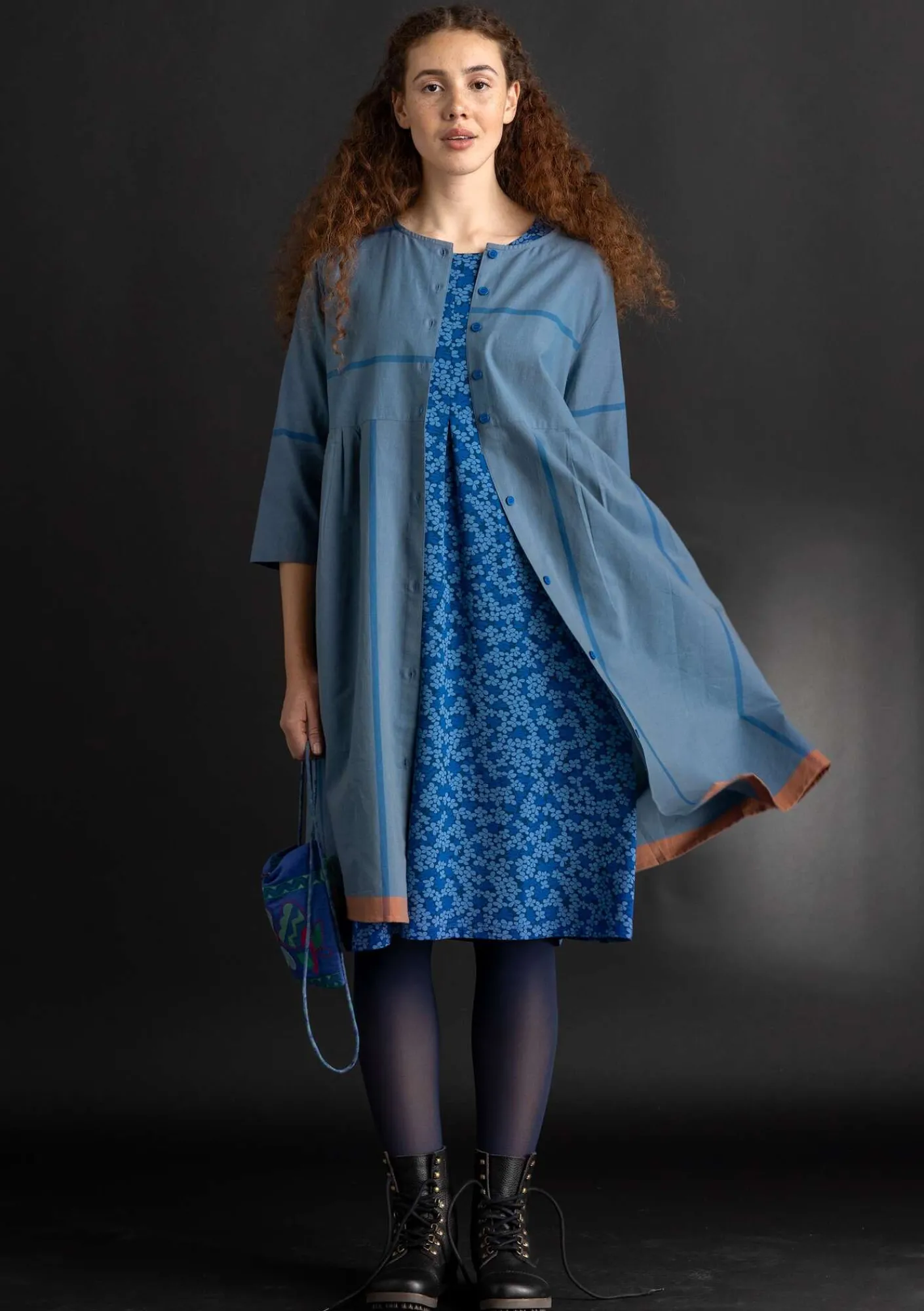 Gudrun Sjödén Kleider>Kleid „Ava” aus Bio-Baumwollgewebe Leinenblau